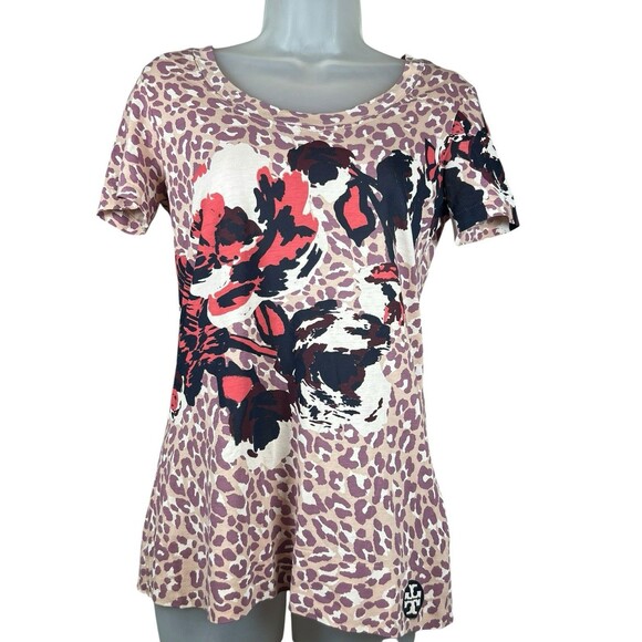 Tory Burch XS Leopard Floral Tee Shirt Artsy Preppy Academia Top Cotton Designer - Picture 1 of 10